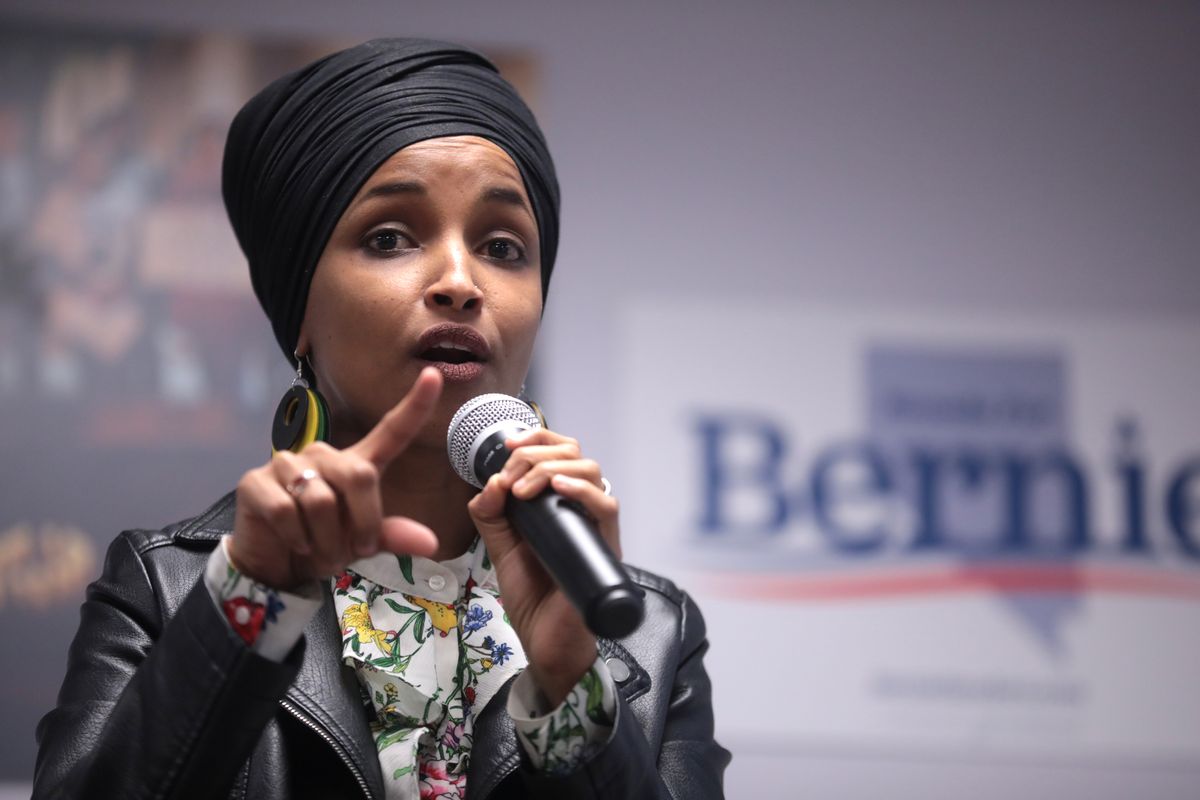 Rep. Ilhan Omar speaking to Bernie Sanders supporters in 2020. Image: Gage Skidmore 