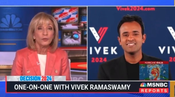 Andrea Mitchell and Vivek Ramaswamy talking on MSNBC (Screenshot: MSNBC)