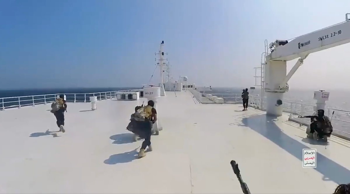 Images of Houthi rebels hijacking a cargo ship. Screengrab: Trey Yingst