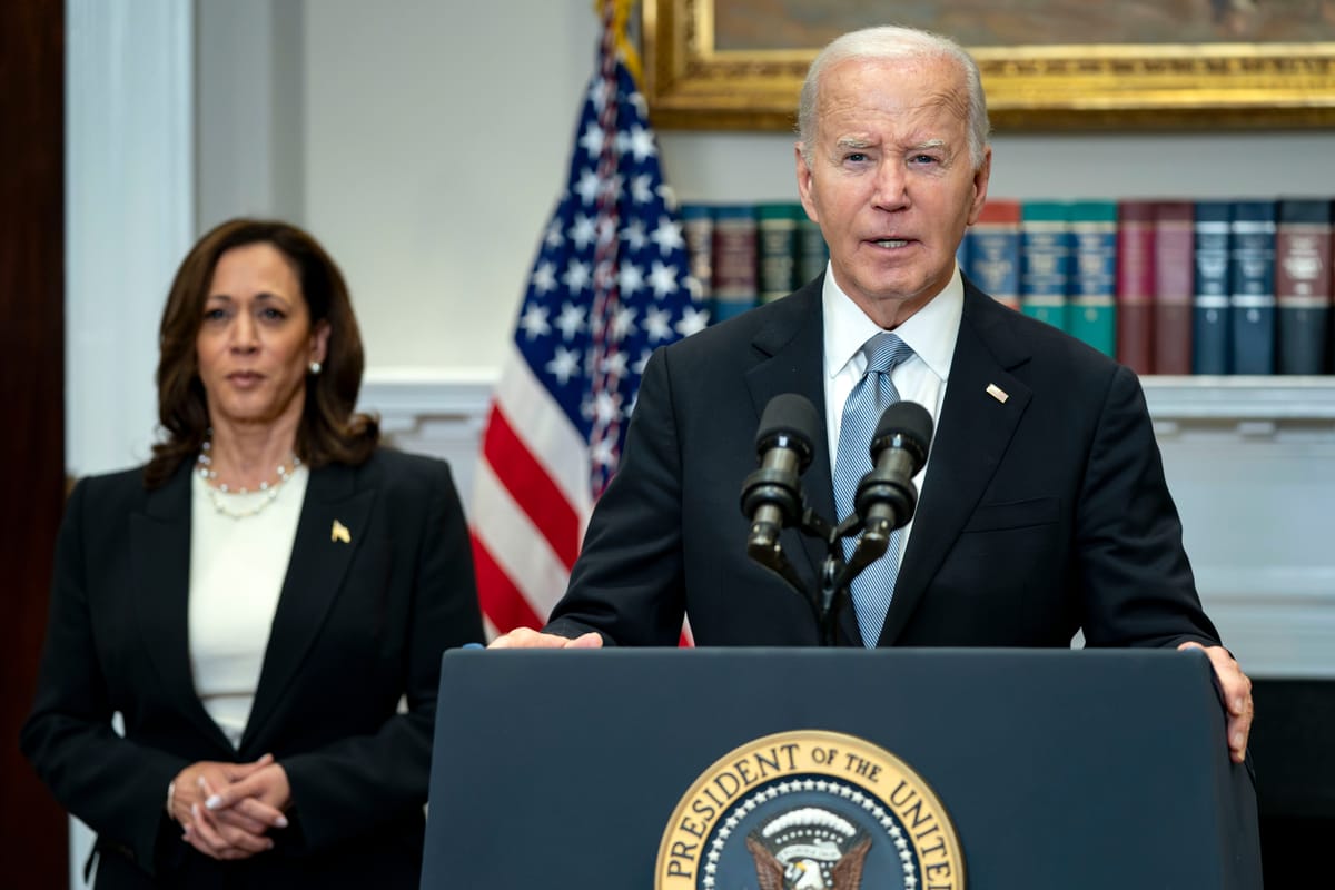 President Biden speaking on July 12, flanked by Vice President Harris. Photographer: Bonnie Cash