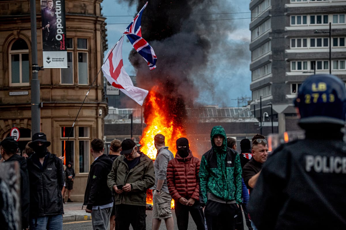 Activists hold an 'Enough is Enough' protest on August 02, 2024 in Sunderland, England. (Photo by Drik/Getty Images)