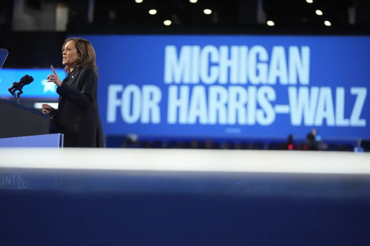 Vice President Kamala Harris speaking at the Dort Financial Center in Flint, Michigan on Friday | AP