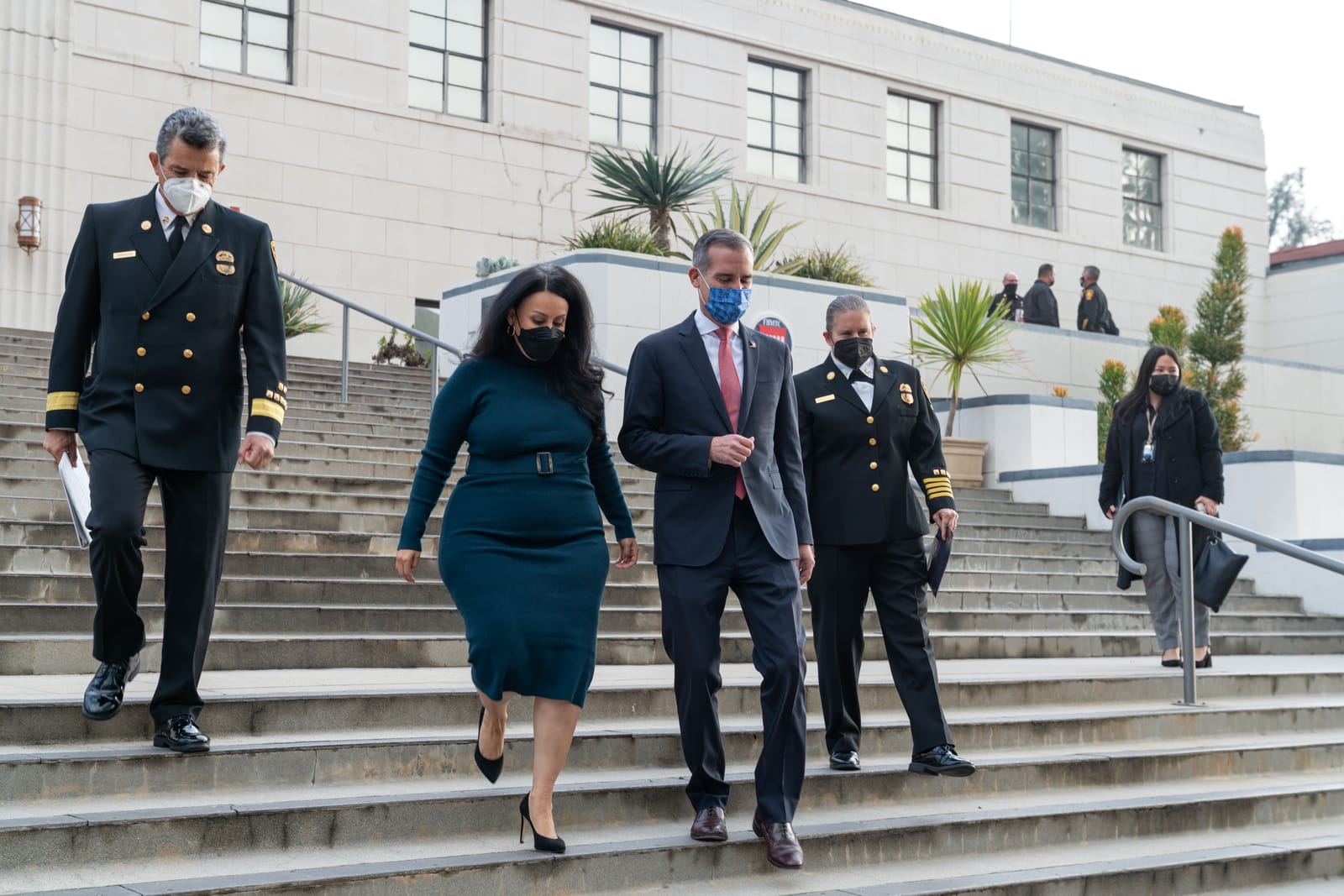 Mayor Eric Garcetti (right) and City Council President Nury Martinez (left) at an event in January. Image: LA Fire Department