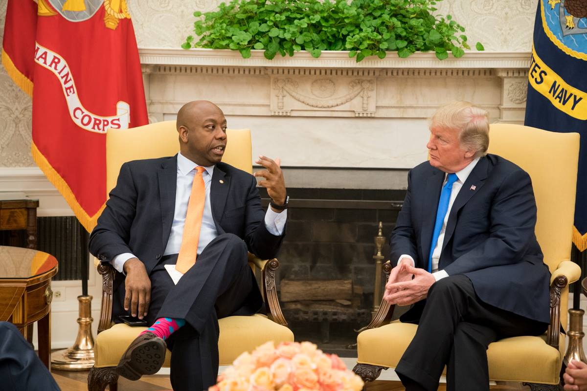 Sen. Tim Scott (left) is considered a front runner for Trump's VP pick. Official White House Photo by Shealah Craighead