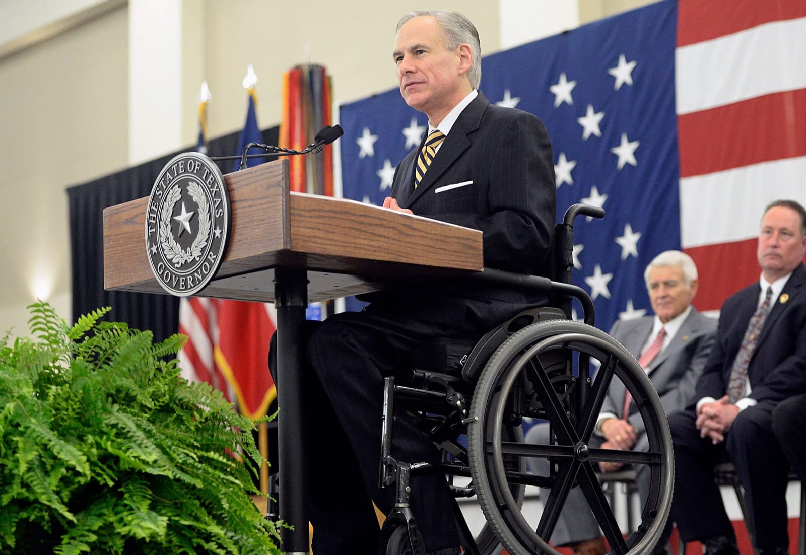 Gov. Abbott speaking at Purple Heart event in 2016. U.S. Air National Guard photo by 1st Lt. Alicia M. Lacy. 