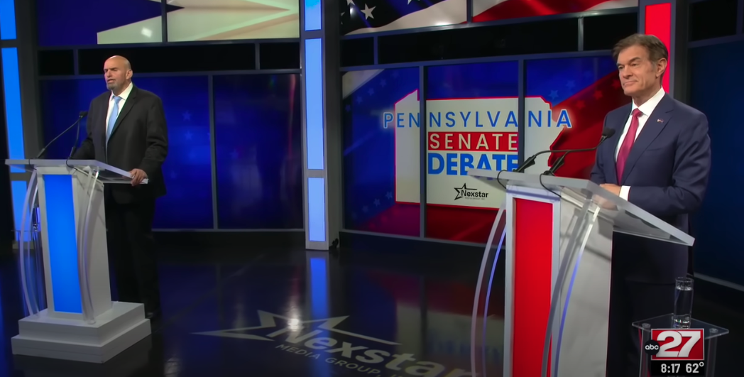 John Fetterman (left) and Mehmet Oz (right) participate in a debate on Tuesday. Screenshot: ABC27