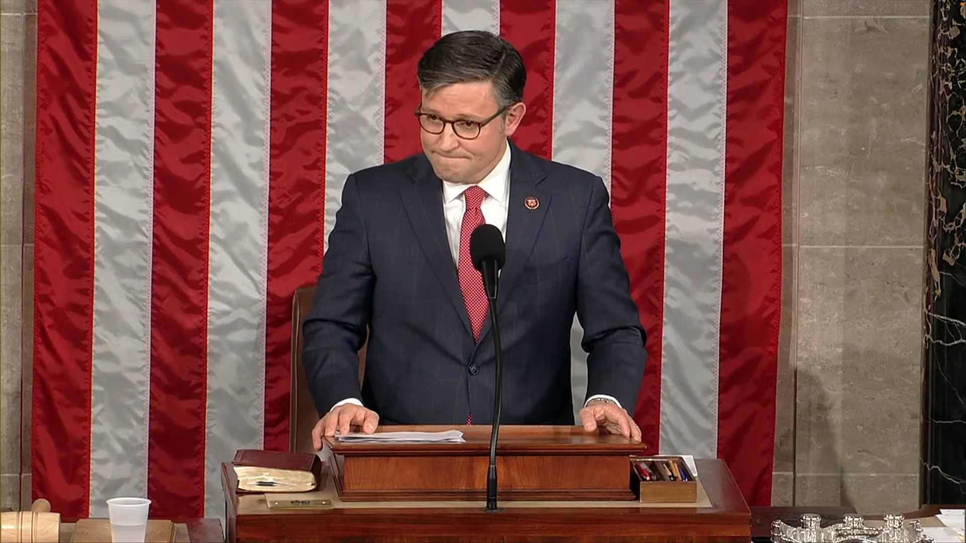 Newly elected House Speaker Mike Johnson (R-LA) speaks shortly after being chosen. Screenshot: PBS News Hour/YouTube 