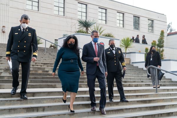 Mayor Eric Garcetti (right) and City Council President Nury Martinez (left) at an event in January. Image: LA Fire Department