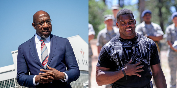 Raphael Warnock (left) and Herschel Walker (right) face off in Georgia's Senate race. Image: Magdalena Bokowa / Tangle 