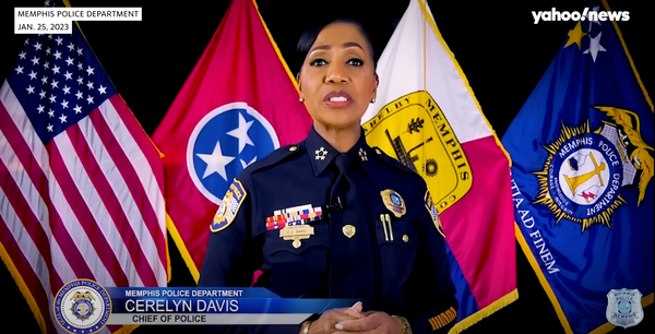 Memphis Chief of Police "CJ" Davis delivers comments on Tyre Nichols' death. Image: Yahoo News 