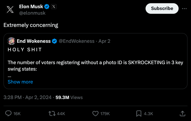 A screenshot of a post Elon Musk shared on X