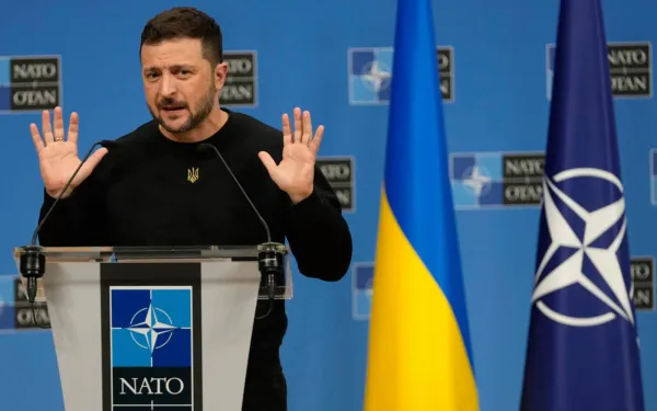 Ukrainian President Volodymyr Zelensky at NATO headquarters in Brussels. (AP pic)